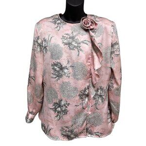 VTG 90s Floral Satin Button Up Blouse Flower Blossom Detail Pink Women’s 12